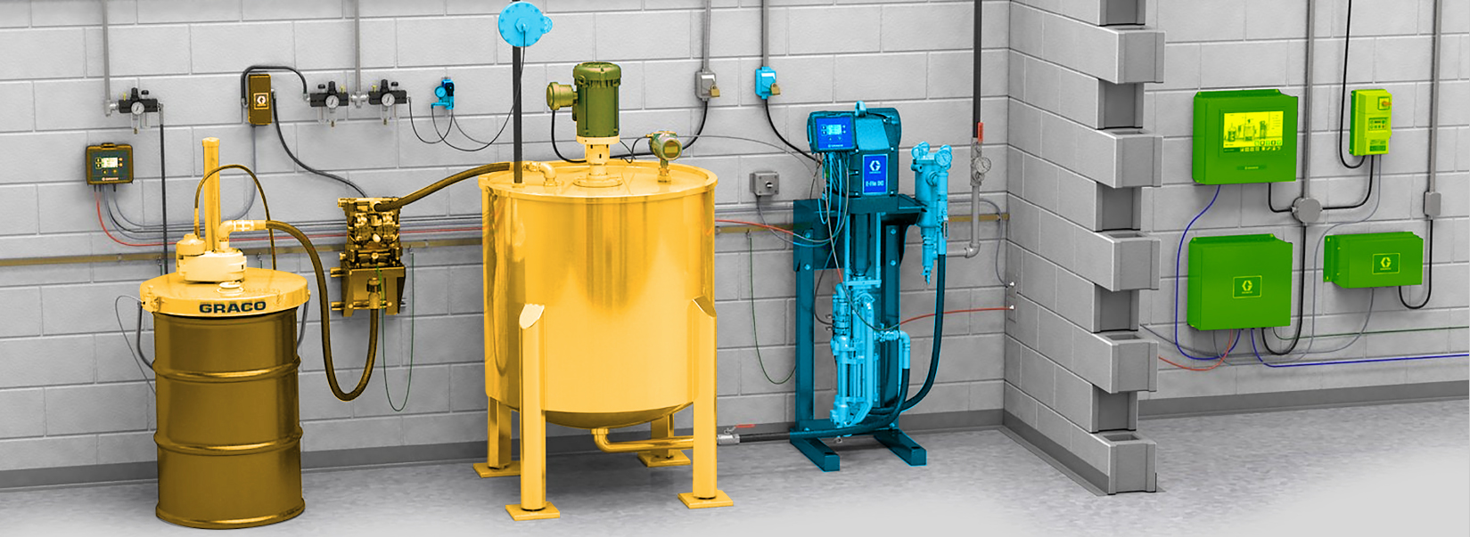 Factory paint kitchen diagram highlights different areas of control. Tank control is in yellow. Pump control is in blue. Overall or remote control is in green.