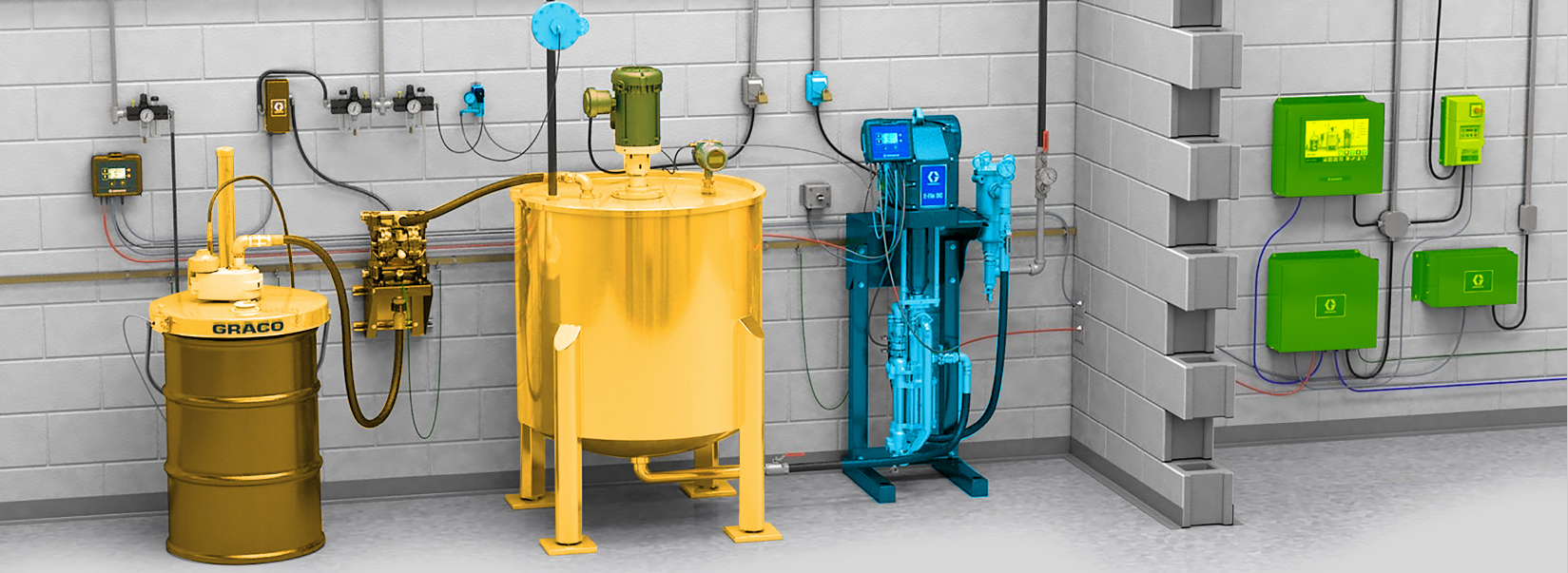 El diagrama de cocina de pintura de fábrica resalta diferentes áreas de control. El control del tanque está en amarillo. El control de la bomba está en azul. El control general o remoto está en verde.