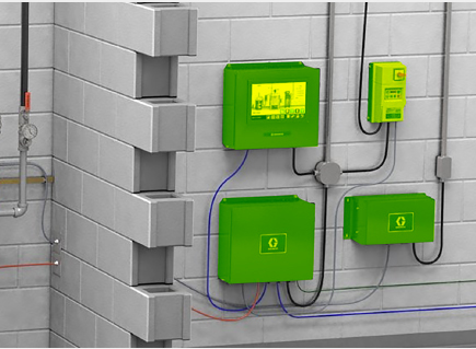 Closeup of paint kitchen diagram highlights remote control equipment in green.