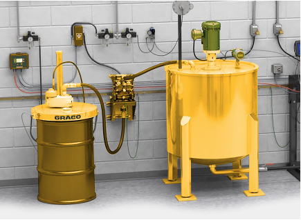 El primer plano del diagrama de la cocina de pintura destaca el equipo de control del tanque en amarillo.
