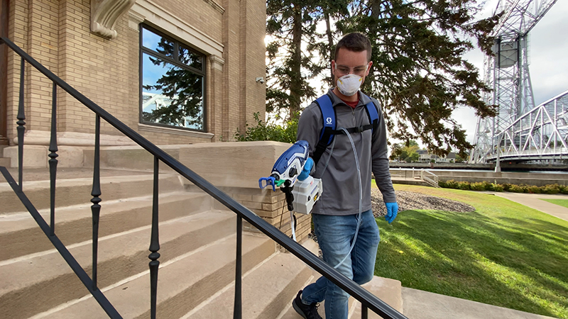 Airless spraying of disinfectant for sanitising, disinfecting and deodorising jobs.