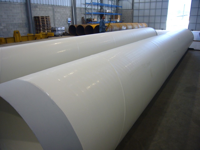 A large pipe after internal and external protective coatings have been applied