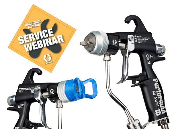 Graco Industrial Webinar Series image shows two manual air assist spray guns: a PerformAA 5000 and a PerformAA 1500