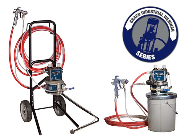 Graco Industrial Webinar Series image shows two Triton pump packages: one on a cart and another on a paint bucket.