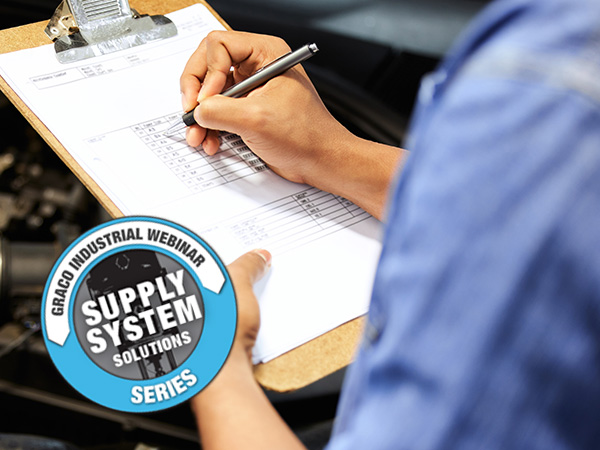 Image for second in a series of supply system solution webinars shows a manufacturing engineer adding details to a checklist on a clipboard.