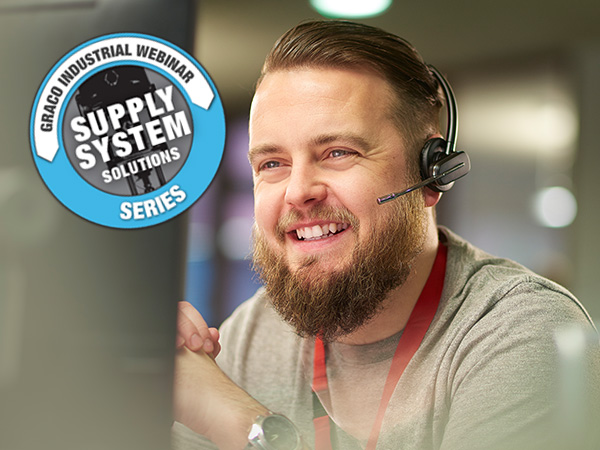 Image for fourth in a series of  of supply system solution webinars shows a Graco technical support technician answering a call from a supply system customer.