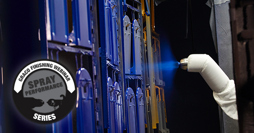 Graco Finishing Webinar badge for the spray performance series shows profile of rotary bell atomizer and other equipment explored as part of the series.