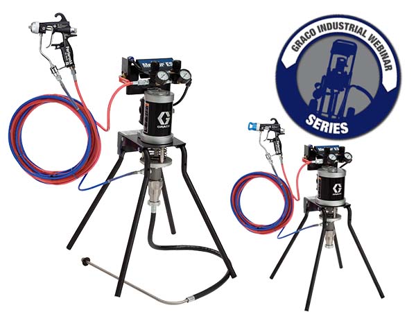 Graco Industrial Webinar Series image shows a large and a smaller Merkur spray package with PerformAA air assist spray guns.