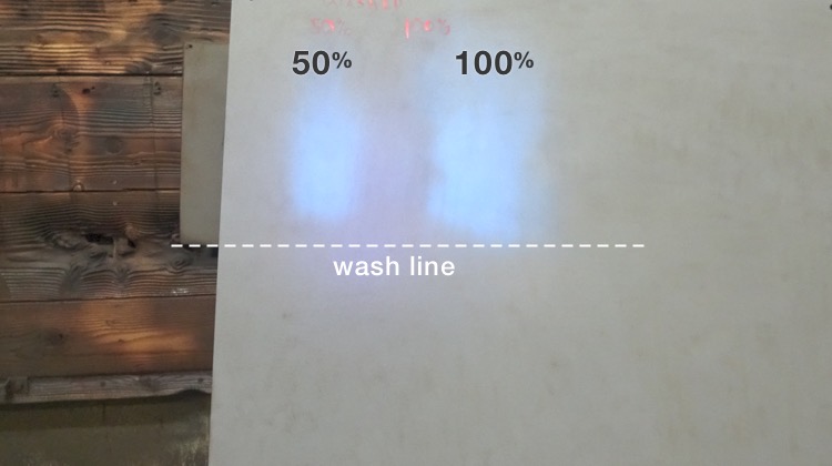 portion of the 50% and 100% that was washed showing no fluorescence