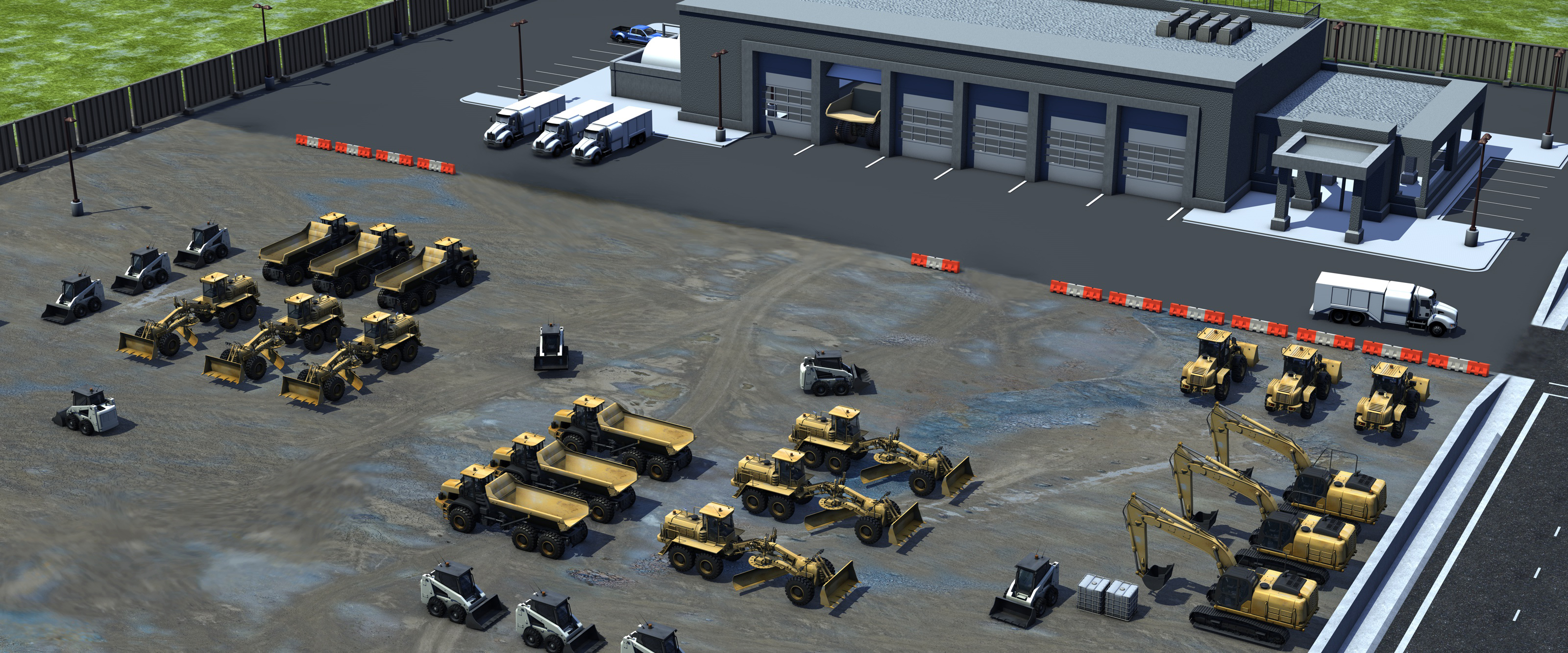 Mining image showing a mining workshop, processing facility, conveyor belt and crusher, electric shovel, haul trucks, lube trucks, excavators, dozer, wheel loaders and grader.