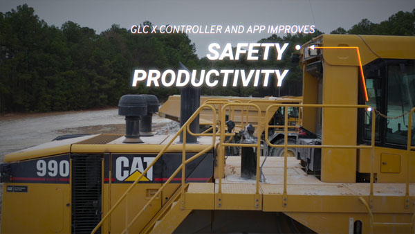 Cat 990 wheel loader with text GLC X Controller and app improves safety and productivity