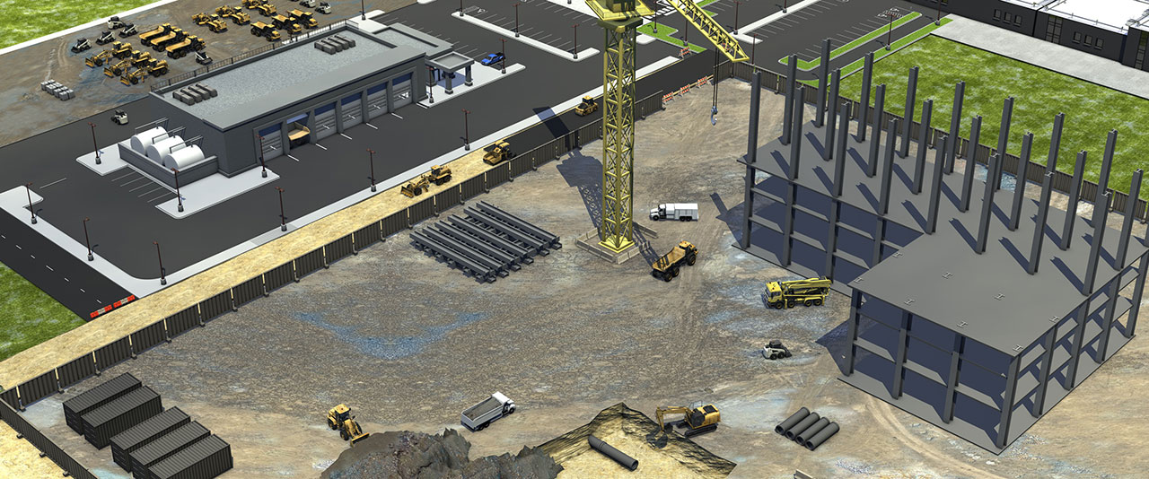 Obrázek stavebnictví zobrazující servisní dílnu těžké techniky, motorové grejdry, kolový nakladač, nákladní automobil, servisní vůz, rypadlo a smykem řízený nakladač.