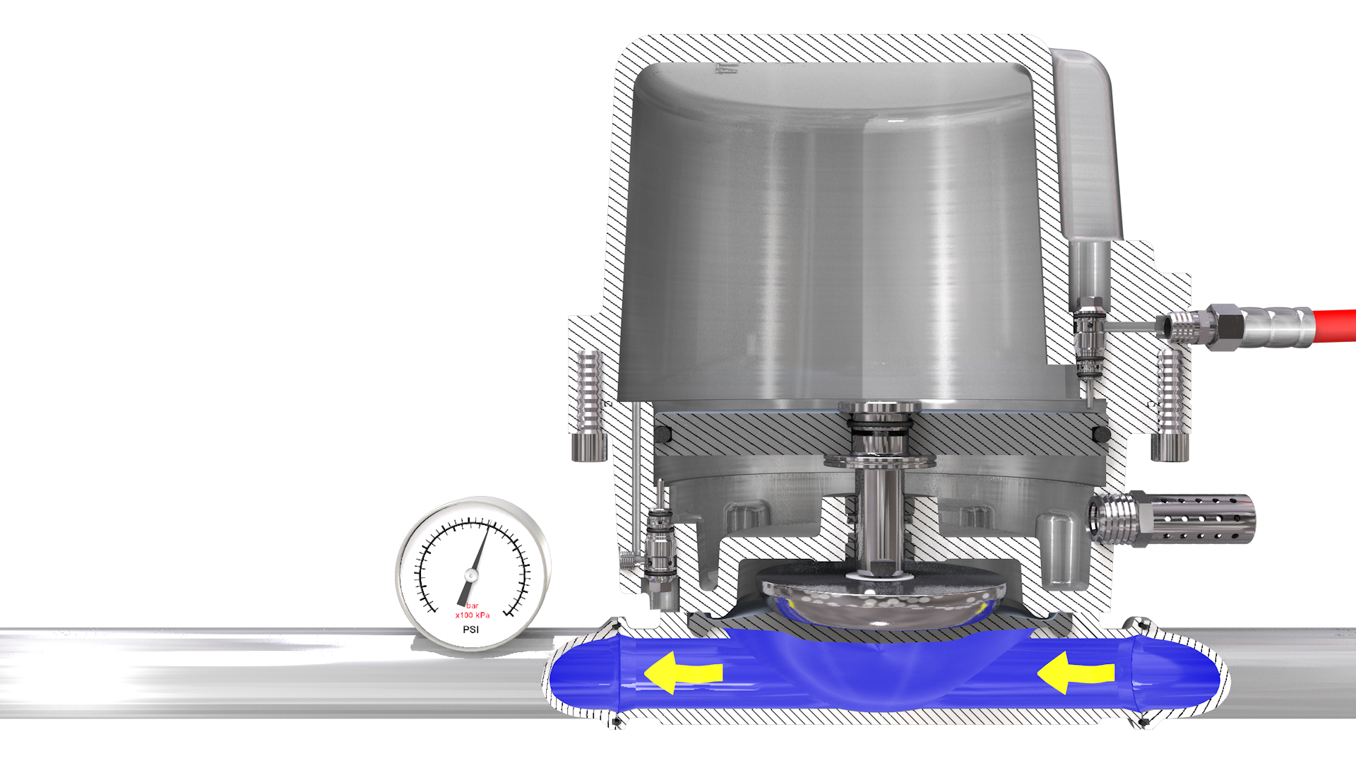 Illustration shows the inside of an active surge suppressor, with paint in the fluid line flowing smoothly. 