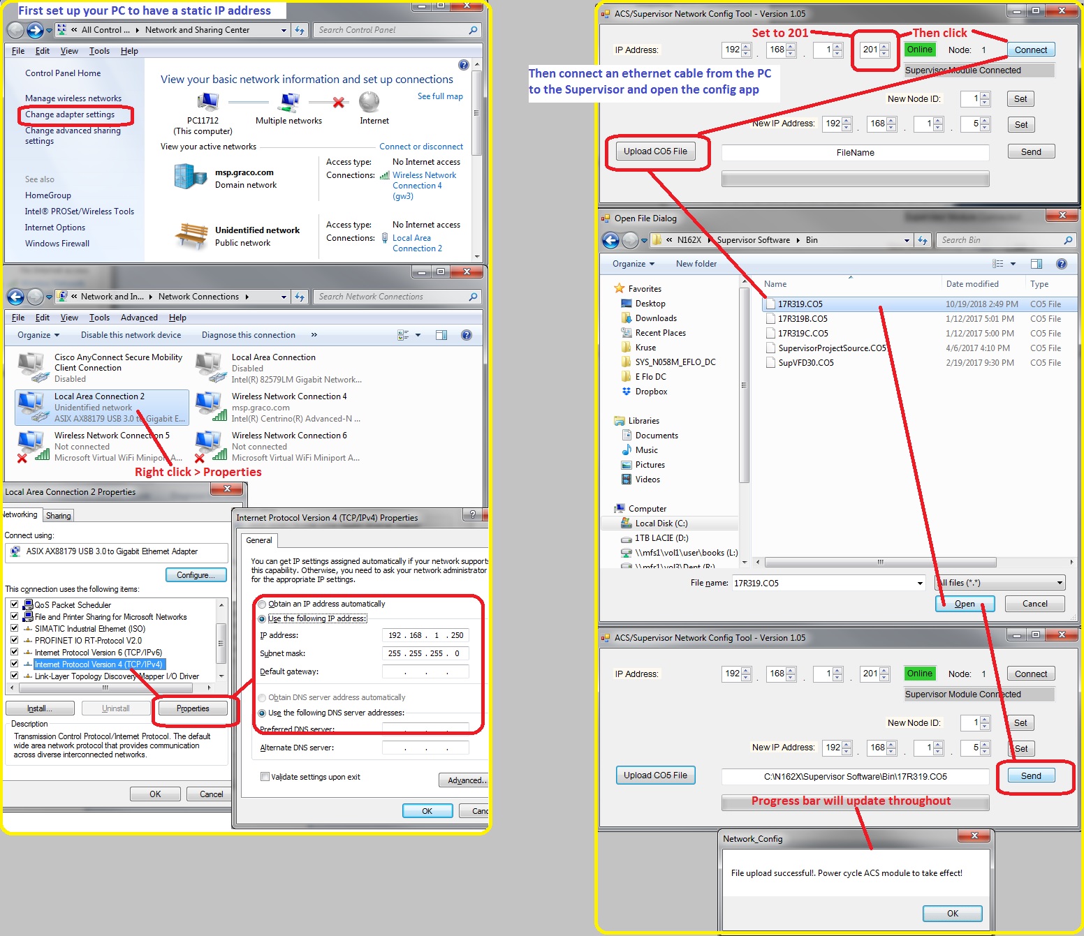 Screen shots show upload instructions for ACS software