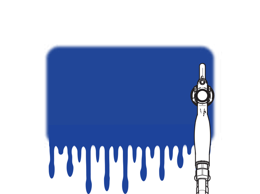 Illustration shows a spray pattern with paint runs and too thick paint coverage left by a manual air assist airless paint spray gun.