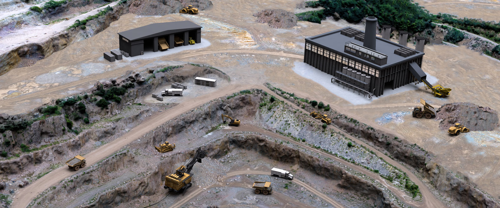 Mining image showing a mining workshop, processing facility, conveyor belt and crusher, electric shovel, haul trucks, lube trucks, excavators, dozer, wheel loaders and grader.