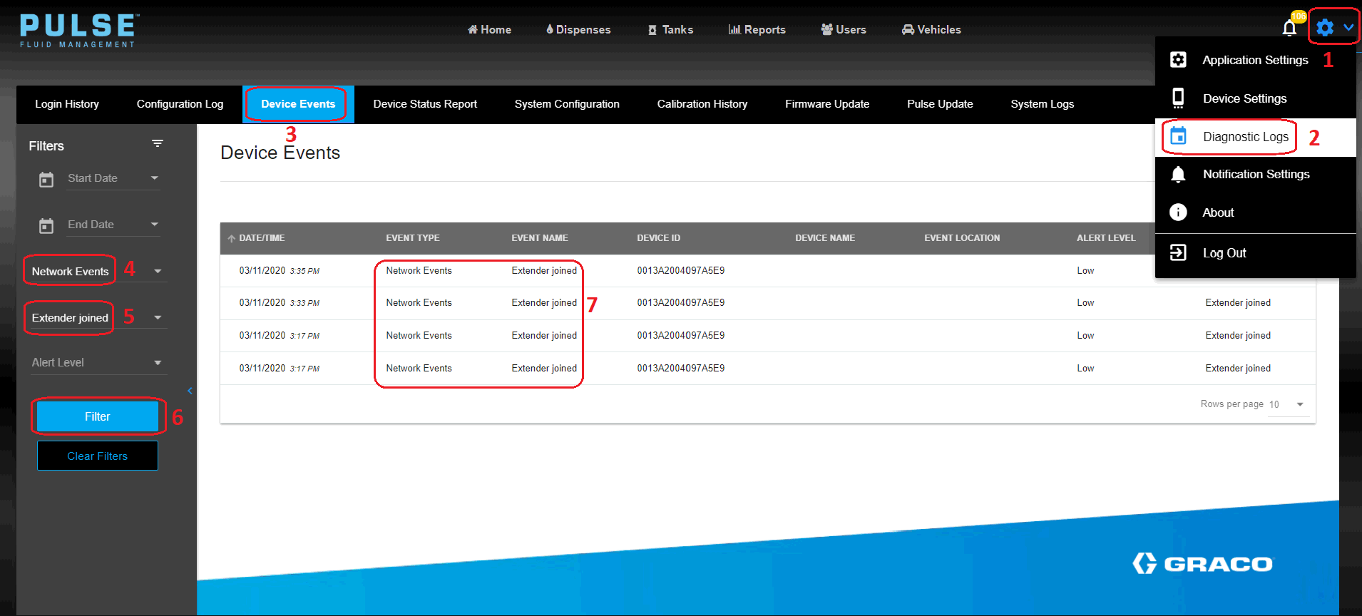 Pulse Software showing steps to view Extender Joined