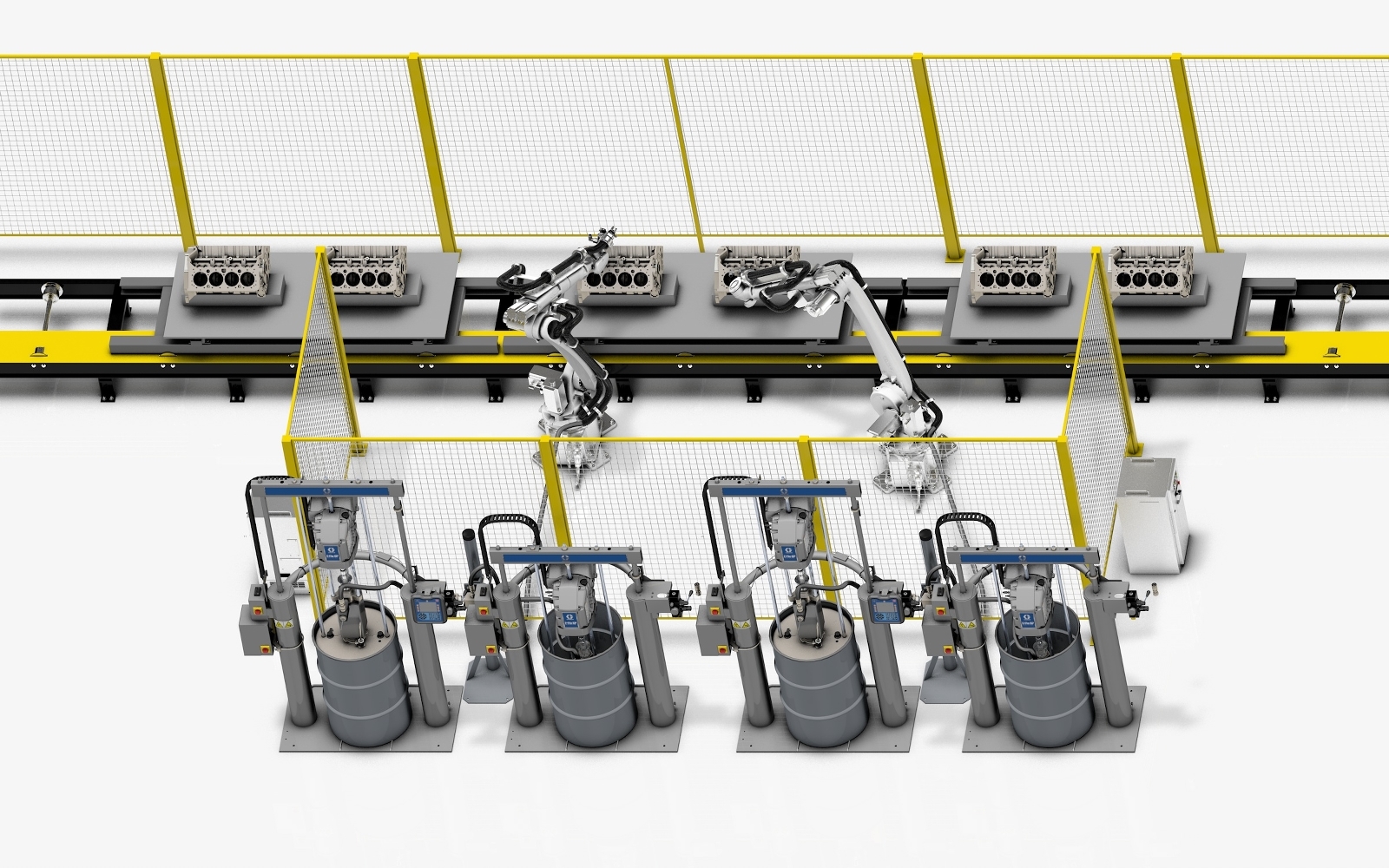 Graco equipment is used in the powertrain section of an auto assembly line in an automotive factory.