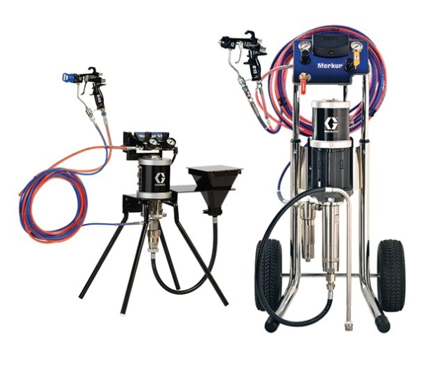 Industrial spray equipment package including spray gun and pump