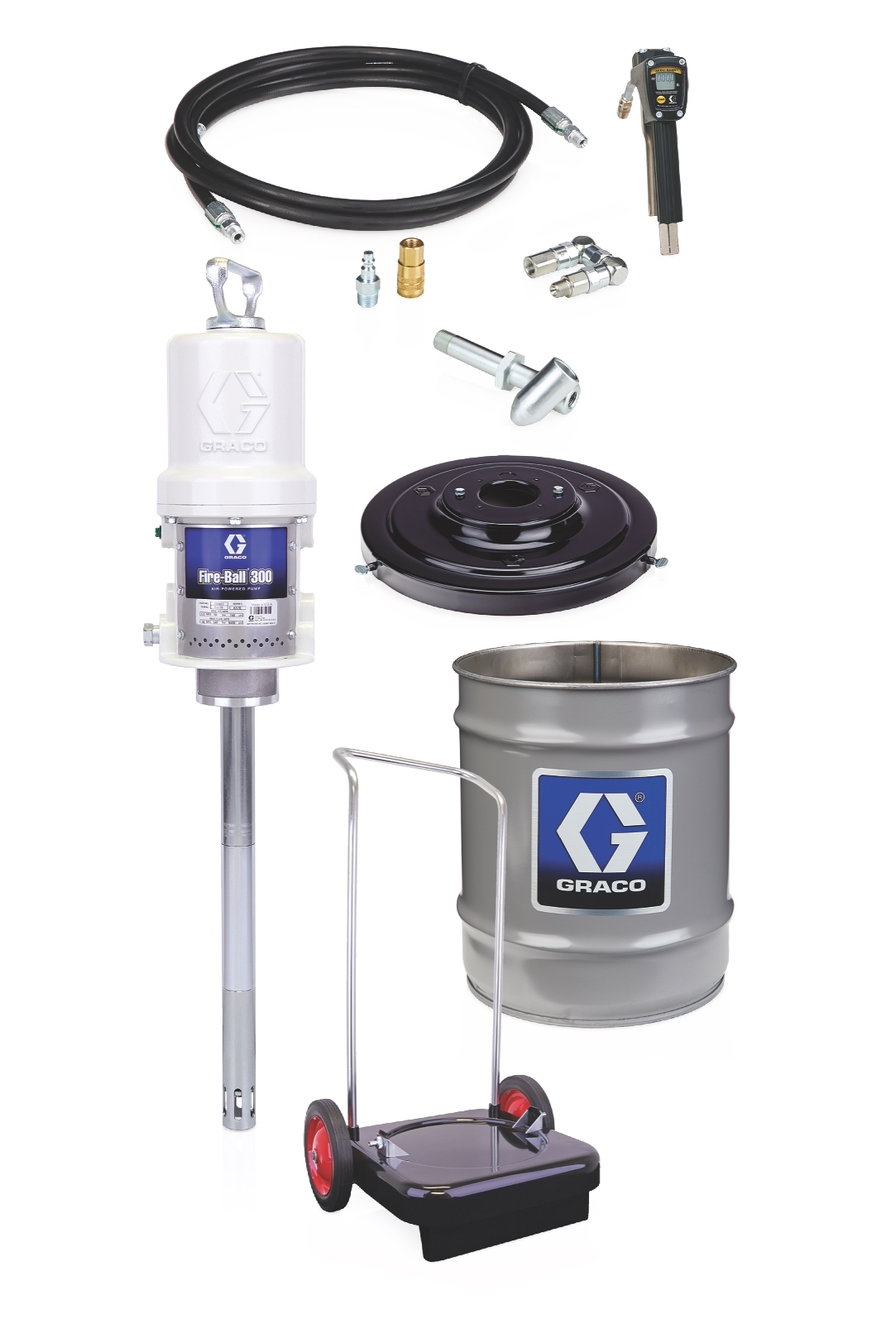 300 Series 50:1 16 to 23 kg (35 to 50 lb) Grease Pump - Cart-Mounted Pail Topper CE Package